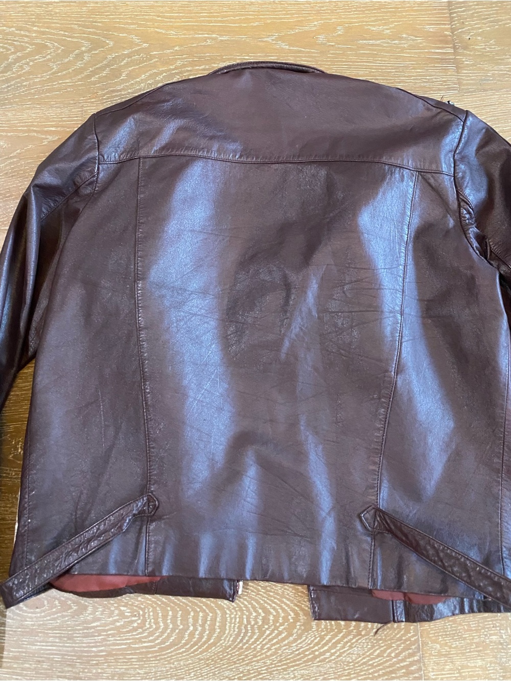 Banzai 80s Leather Motorcycle Belted Zip Up Jacket Maroon Brown Draped Waterfall - Picture 9 of 9